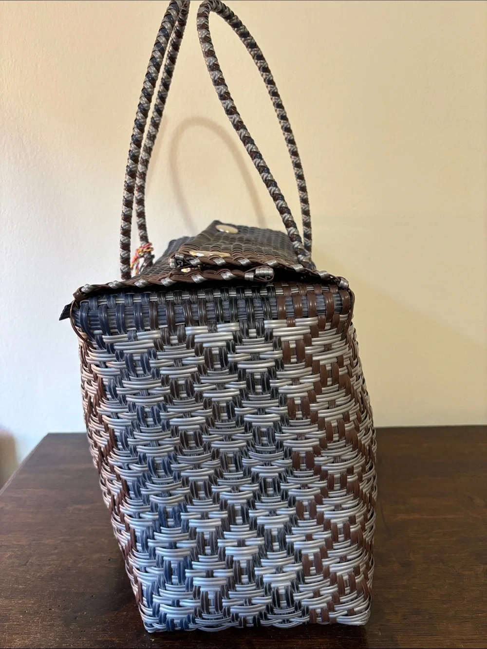 Handwoven Gray and Brown Tote with Green Tassel Charm